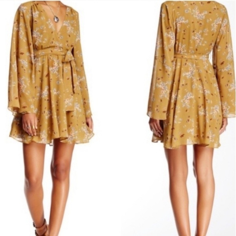 Free People Mustard Yellow Floral Bell Sleeve V-Neck Mini Dress Large OB66170